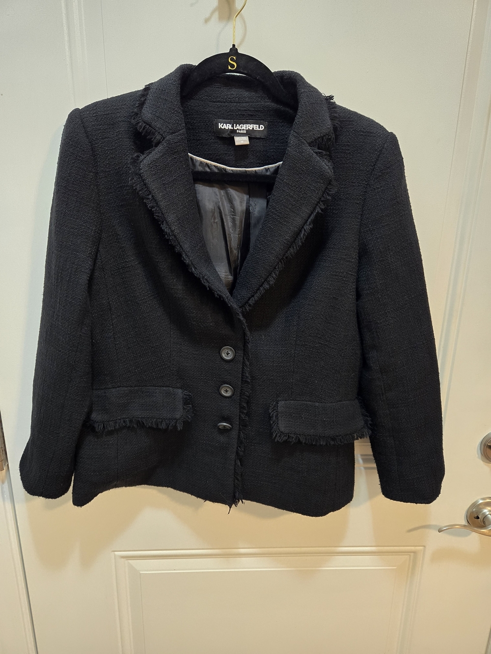 Karl Lagerfeld Black Textured Bouclé Blazer with Frayed Trim